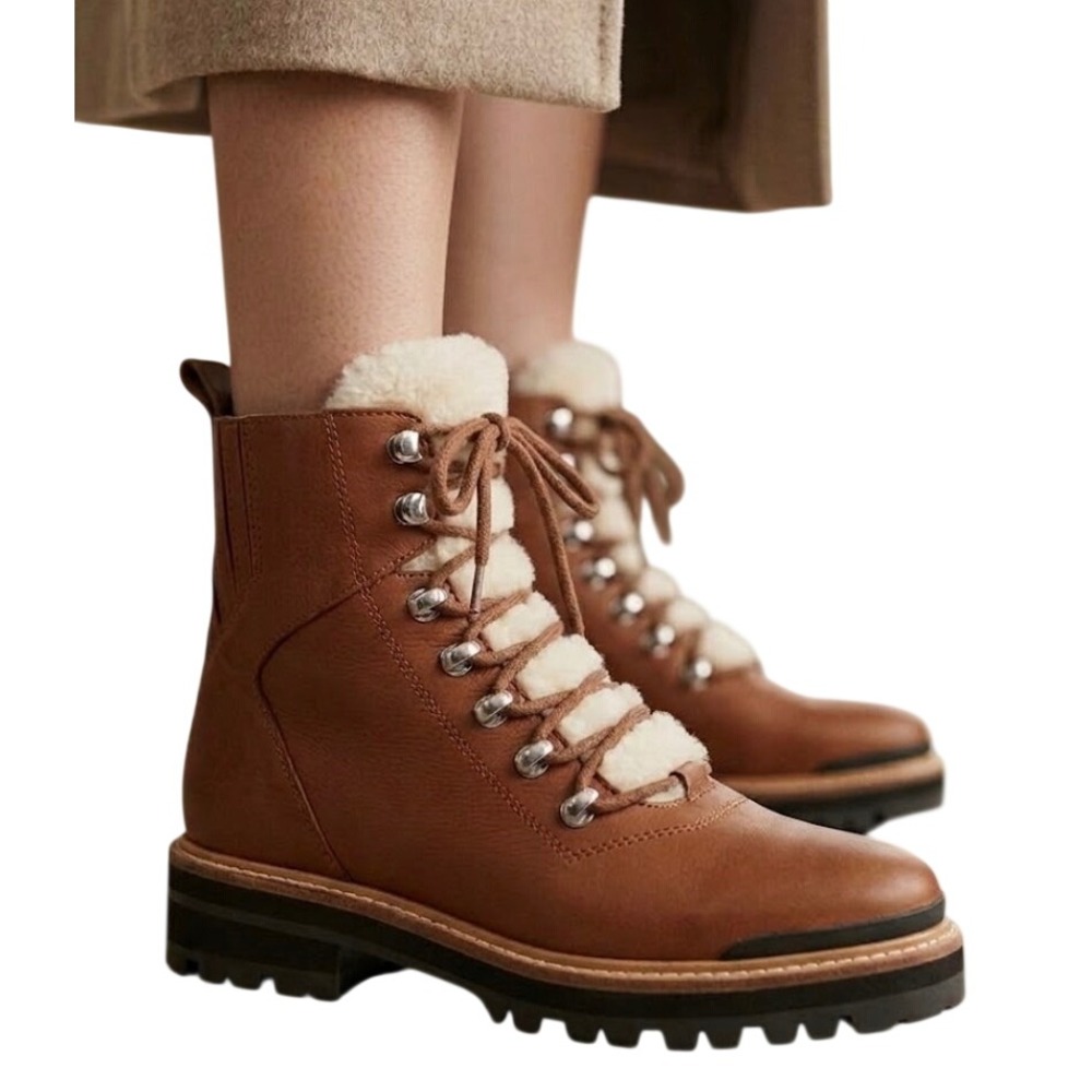 Marc Fisher LTD MLIZZIE Brown Leather Shearling Trim Combat Hiker Boots 6M
